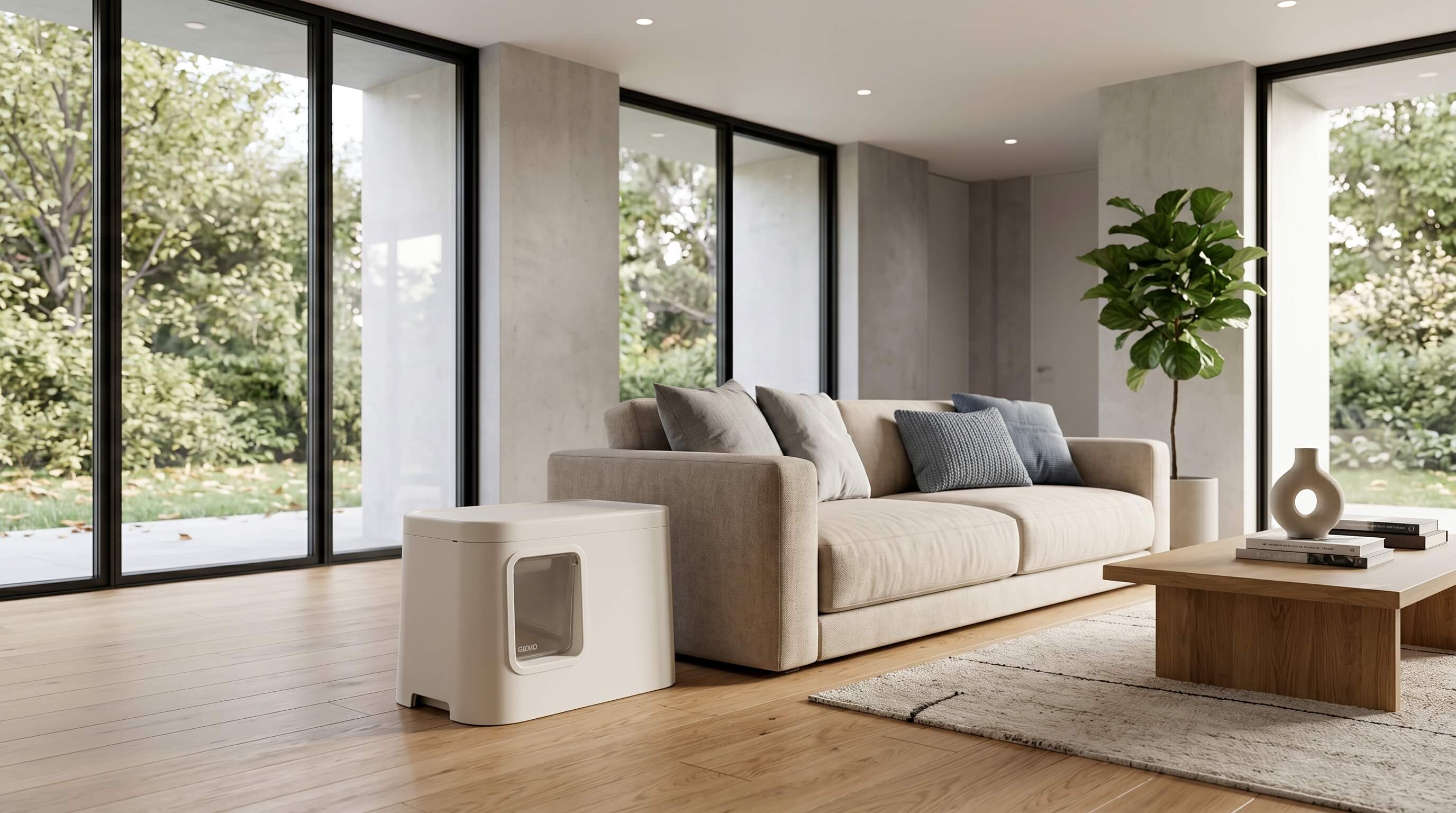 GIZMO litter box in a nice living room next to sofa