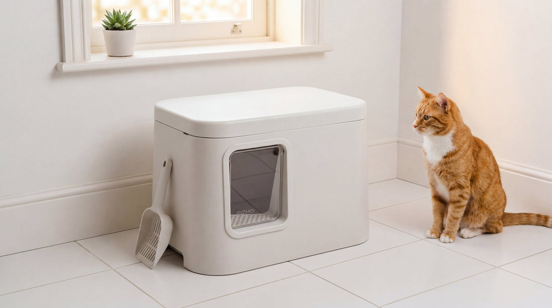 Orange cat next to GIZMO Litter box