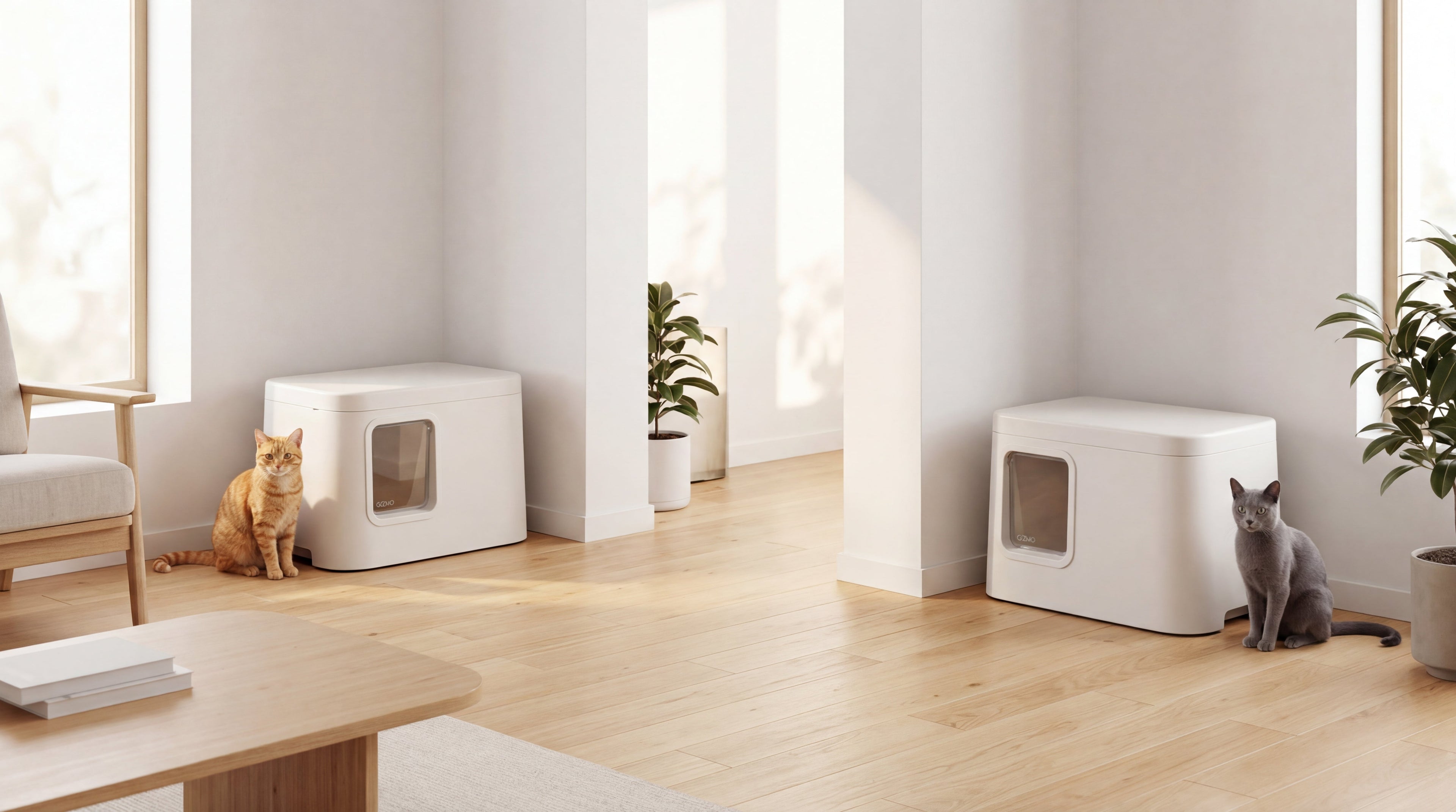 Two GIZMO litterboxes with two cats