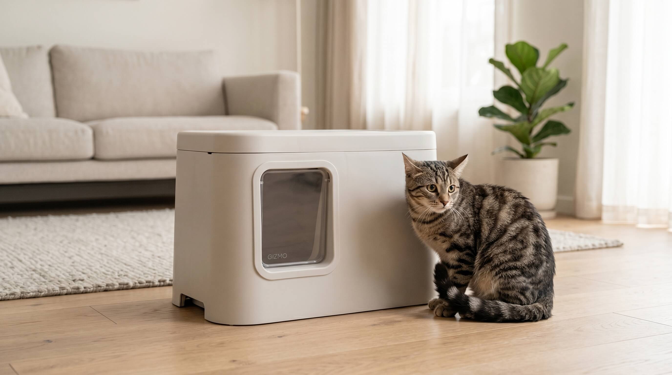 Cat sitting next to GIZMO litter box