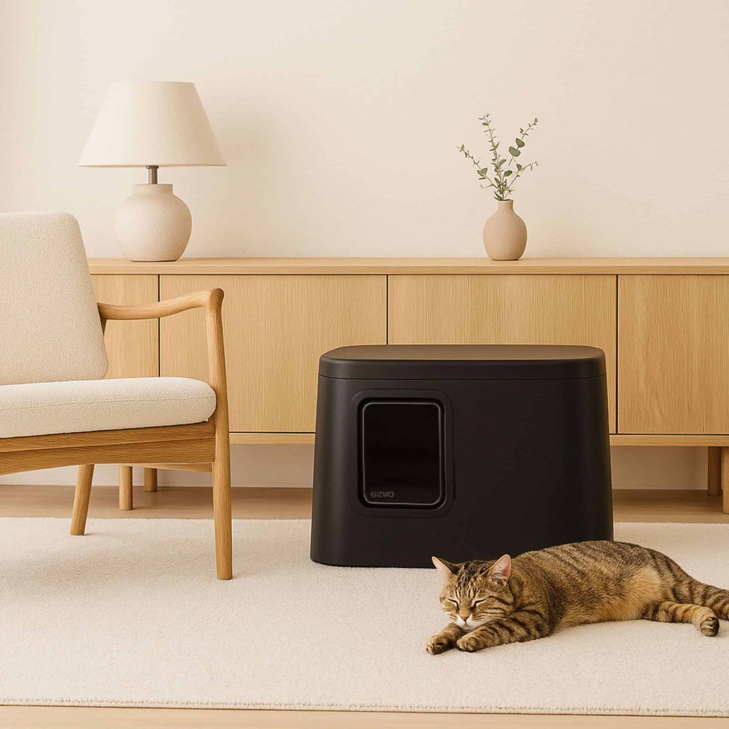 GIZMO Litter Box - Black Deluxe - Lifestyle image with cat