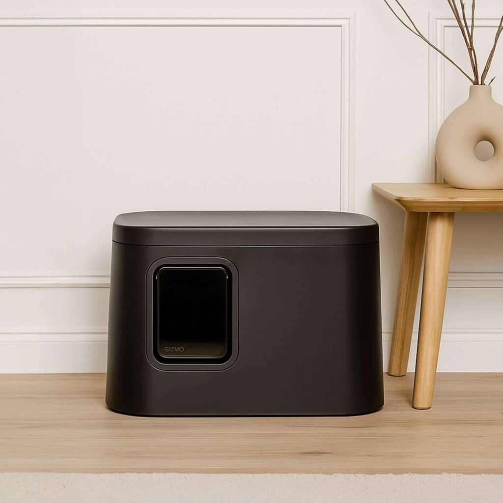 GIZMO Litter Box - Black Deluxe - Lifestyle next to coffee table