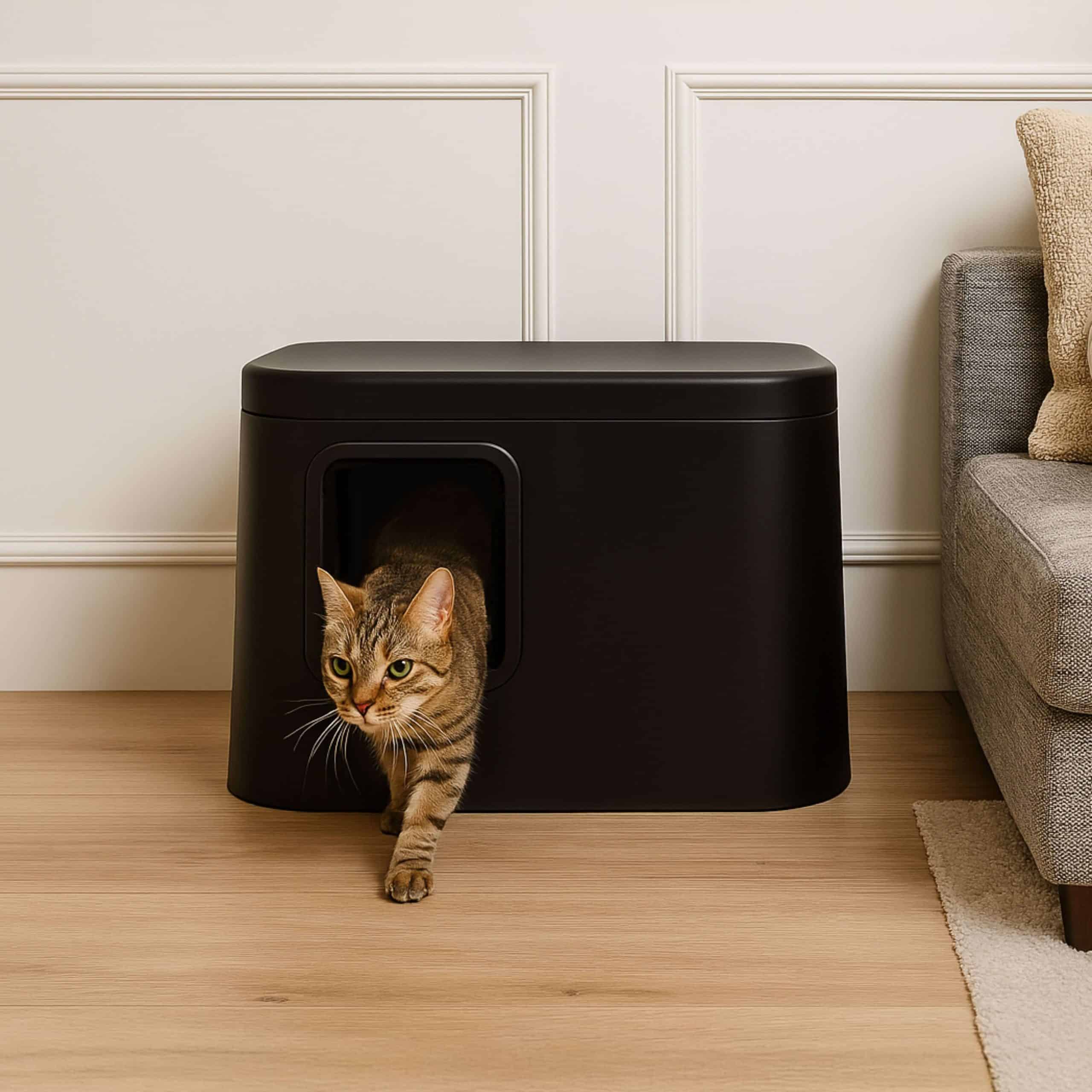 GIZMO Litter Box - Black Deluxe - lifestyle cat coming out