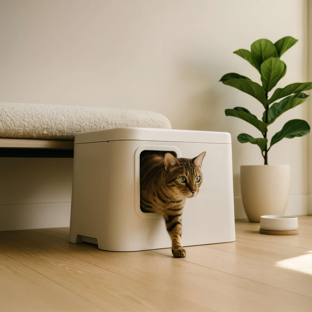 GIZMO Litter Box - White Deluxe - lifestyle cat from box